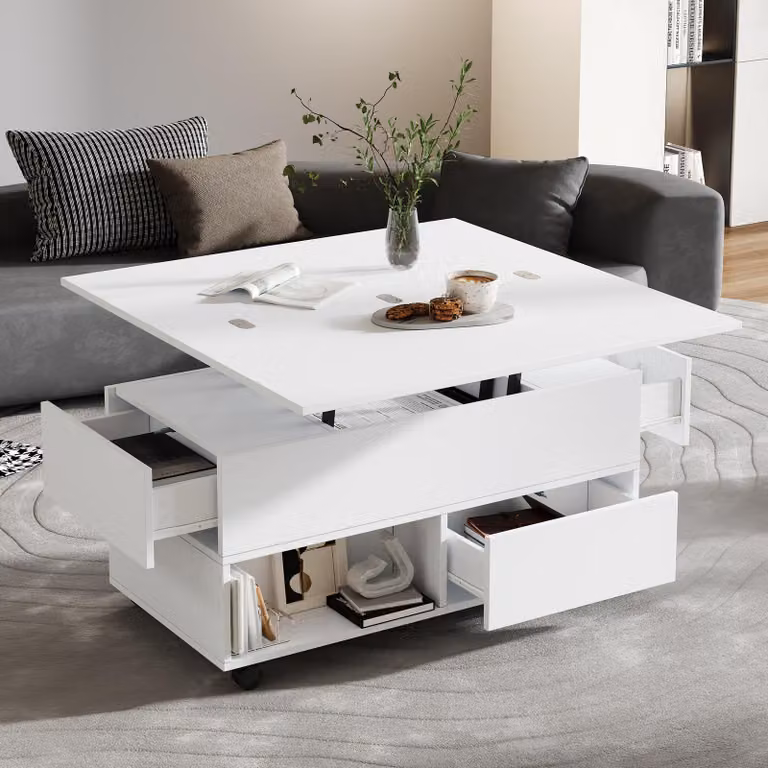 Tavolino da divano, dimensioni 100x50x52 cm, realizzato in pannello di particelle al 100%, colore bianco. Tavolino da divano con altezza regolabile, dotato di 4 cassetti, 4 ruote e vani aperti