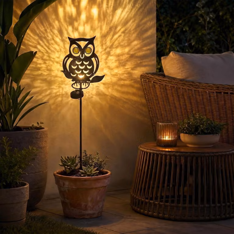 Lamp da esterno a forma di gufo - Figura in vetro con LED bianco caldo - Resistente agli agenti atmosferici e decorativa - Unica decorazione per il giardino