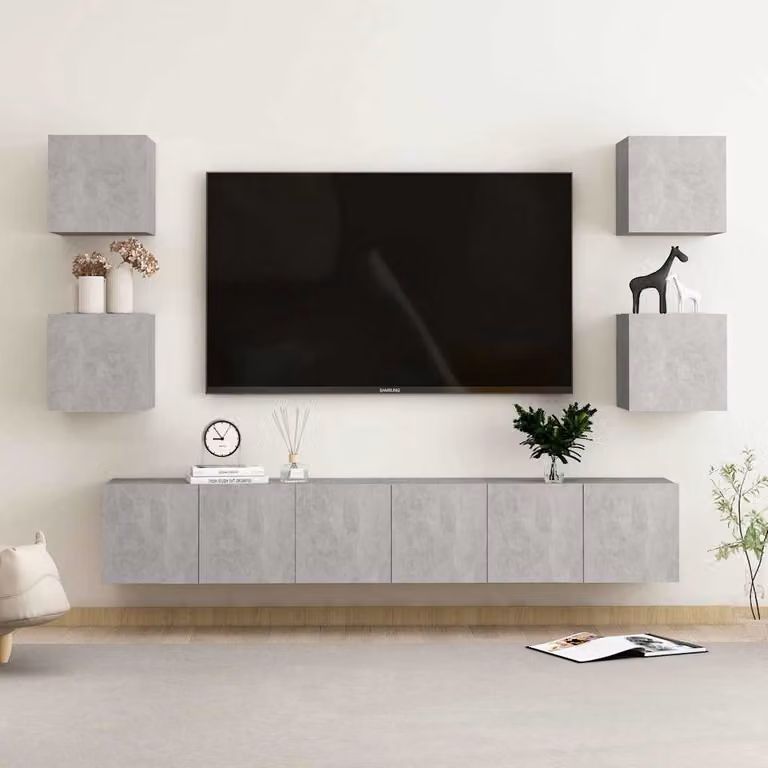 Set di mobili porta TV moderno vidaXL in 7 pezzi, colore grigio cemento, in legno e MDF, con scomparti multimediali, da appendere a parete