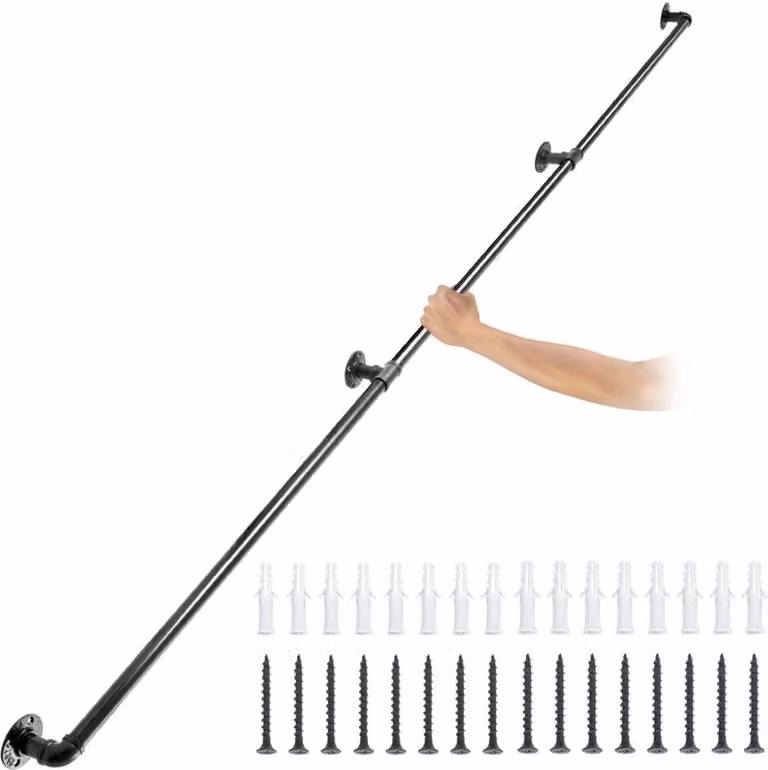 3x Corrimano retrò per tubi dell'acqua 3m Acciaio al carbonio rustico - 4x staffe da parete Parapetto industriale - Portata 200 kg - Adatto per uso interno/esterno.