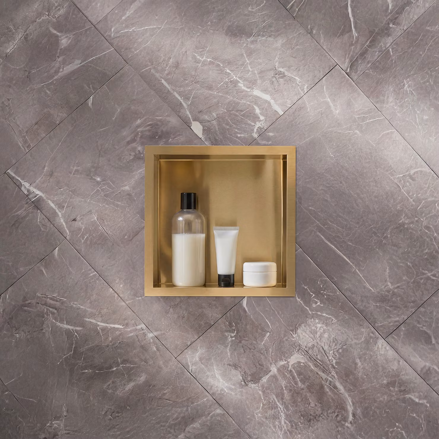 Nicchia Doccia a Muro per Bagno - 340mm - Quadrata con Mensola Portaoggetti - Oro Satinato
