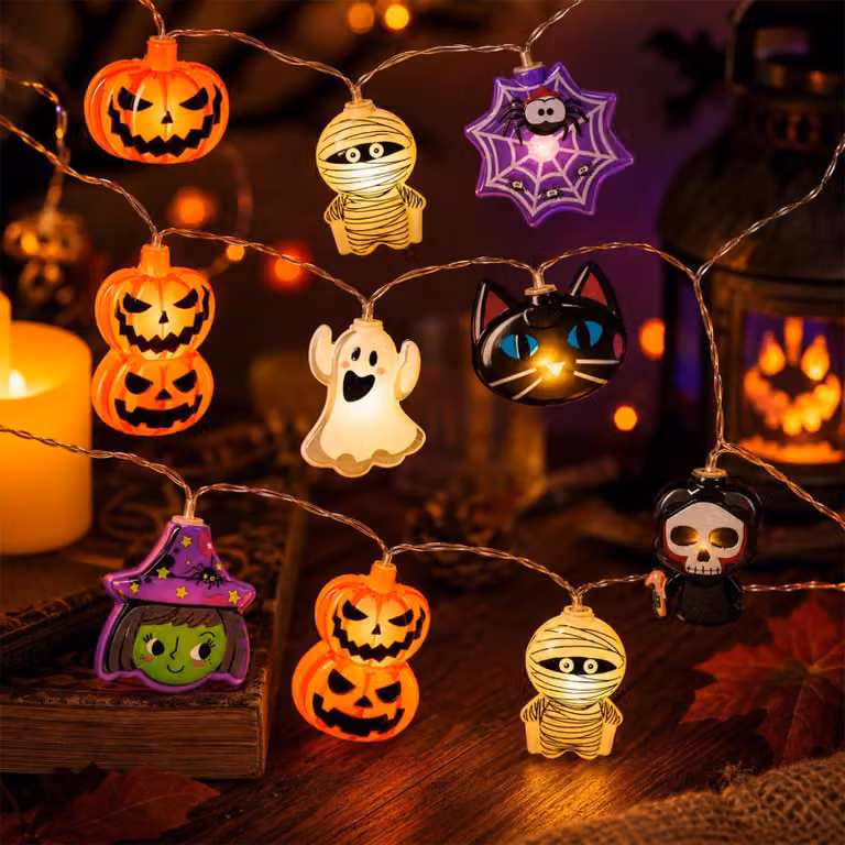 Catena luminosa a tema Halloween, lunghezza 3 metri, 20 LED, motivi: fantasmi, ragni, pipistrelli