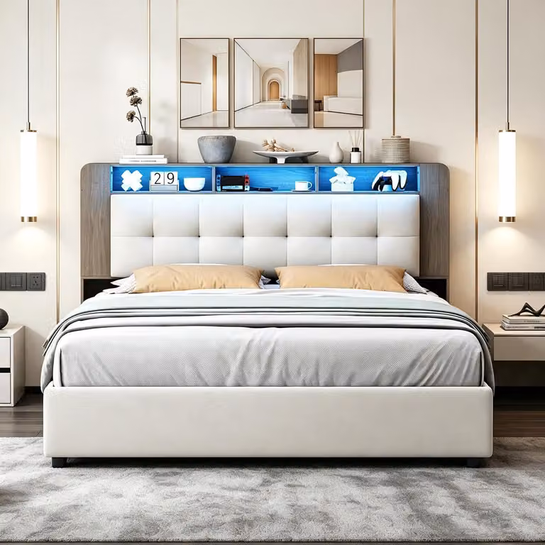 Letto matrimoniale con boxspring 160x200, dotato di illuminazione LED e sistema di ricarica wireless, imbottito, con sistema di sollevamento idraulico per lo spazio contenitivo, ideale per ragazzi, con rete a doghe e contenitore, rivestito in velluto, col