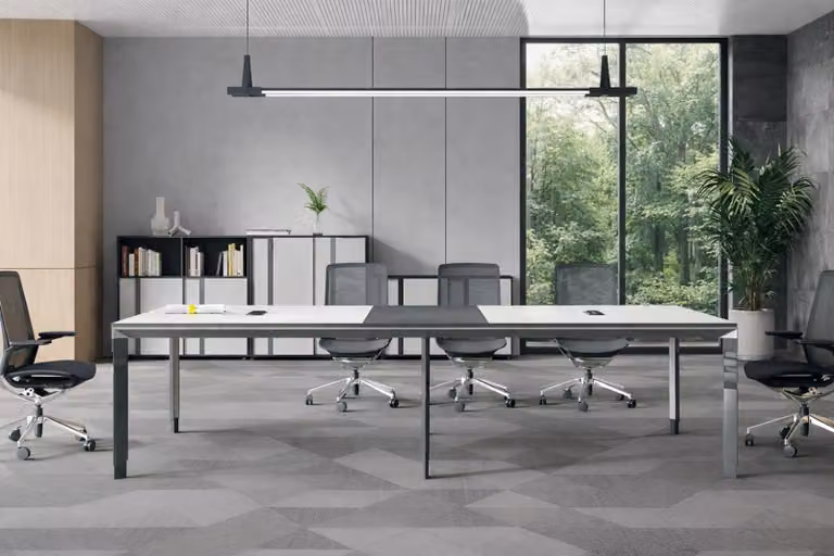 Tavolo da riunione grigio-bianco, tavolo da conferenza di design, mobili in legno