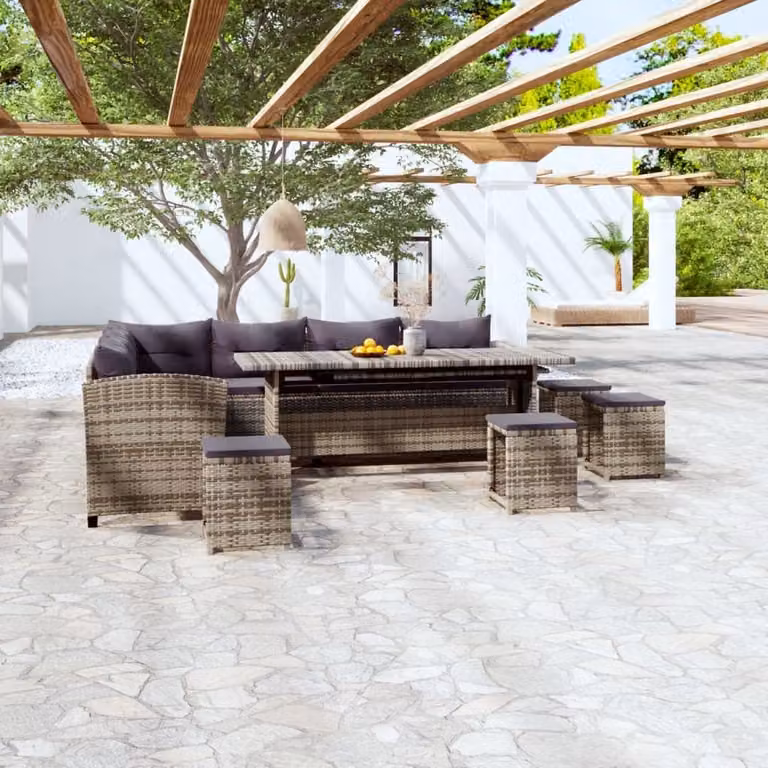 The Living Store Set da giardino da 6 pezzi con cuscini in poly rattan grigio