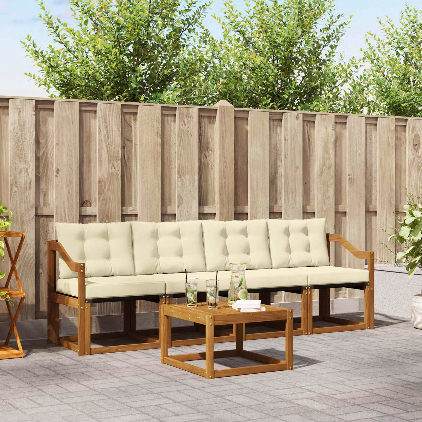 Set di mobili da giardino vidaXL composto da divano a 3 posti, poltrone e tavolino da caffè in legno di acacia e textilene, colori beige, bianco e marrone