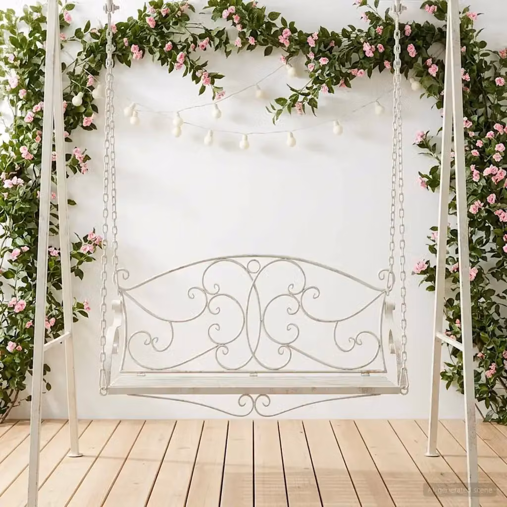 Panchina a dondolo moderna in acciaio verniciato a polvere bianco antico L: 110 cm, P: 52,5 cm, H: 47 cm – 2