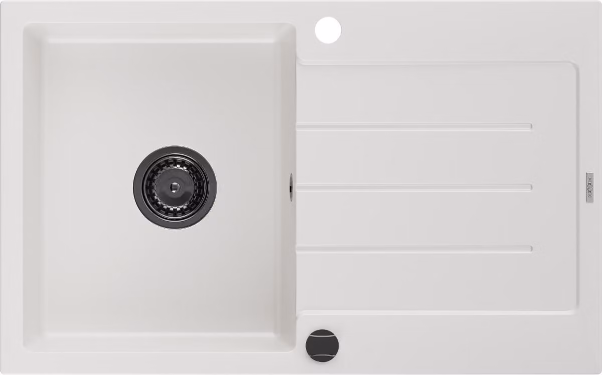 Mexen Bruno lavello in granito a 1 vasca con gocciolatoio 795 x 495 mm, bianco, sifone nero - 6513791010-20-B