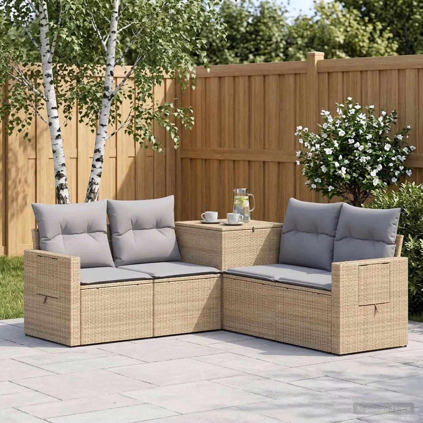 Set di divani da giardino vidaXL a forma di L in polyrattan con cuscini beige e grigio