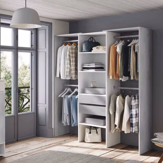 Cabina armadio aperta DMORA Guardaroba Amico con bastone appendiabiti, ripiani e cassetti, Bianco e Grigio, L: 179 cm, P: 50 cm, H: 202 cm – 1