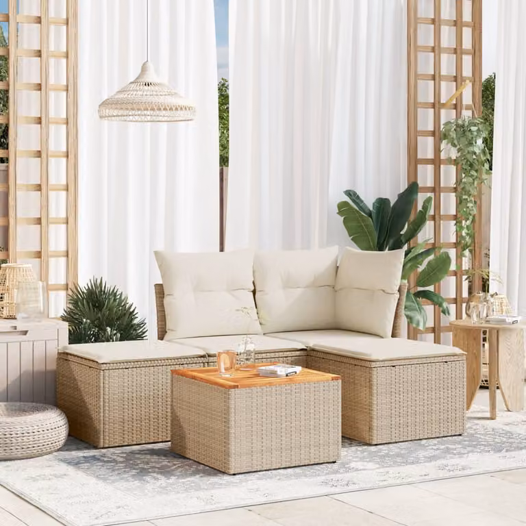vidaXL Set Divano da Giardino a L 5 pz in Polyrattan con Cuscini Beige e Tavolino da Esterno