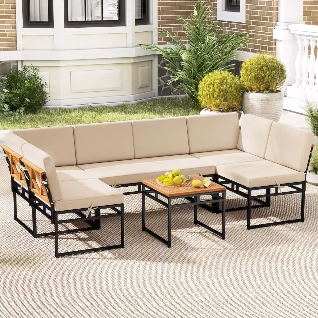 Set divano da esterno a L composto da 6 pezzi con struttura in metallo bianco, cuscini beige e tavolino in legno di acacia per giardino e terrazza – 2