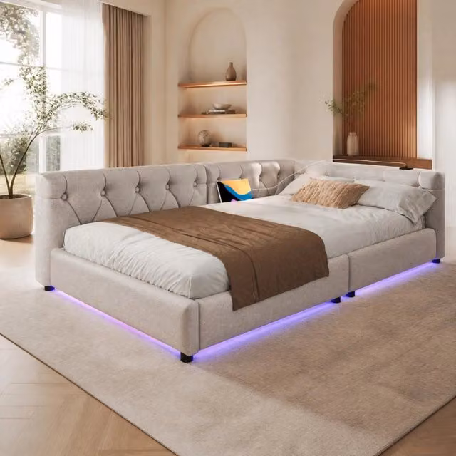 Letto da giorno ULEVR 90x200 cm con rete a doghe, LED a 7 colori, USB e Type-C, lino beige