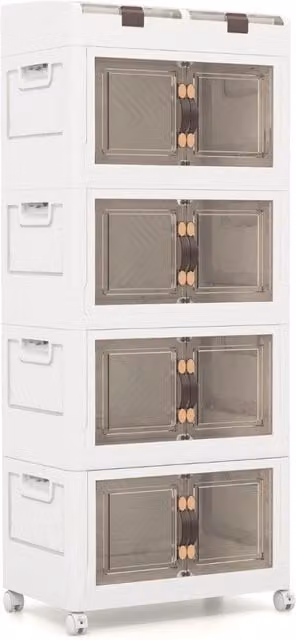 Set di 4 contenitori in plastica impilabili con ruote e coperchio, scatole di stoccaggio pieghevoli da 210L, Bianco