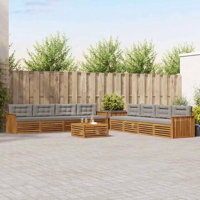 Set di divani da esterno vidaXL a forma di U composto da 9 pezzi in legno di acacia con cuscini beige e grigi e tavolino da giardino