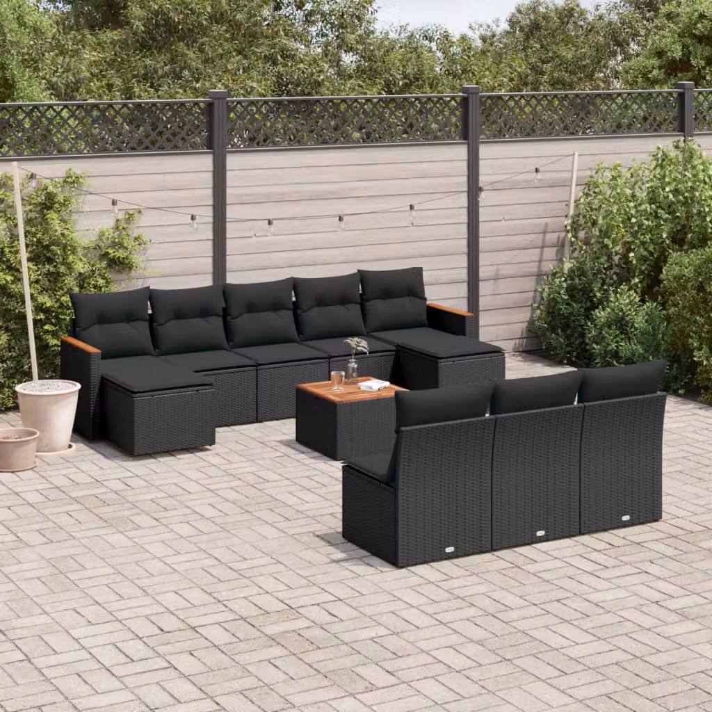 vidaXL Set Divani da Giardino 11 pz in Polyrattan Nero con Cuscini e Tavolino da Esterno – 1