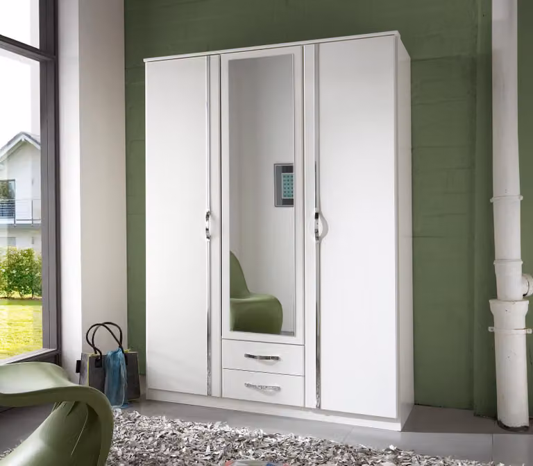 Armadio Duo bianco e cromato con specchi e cassetti, 135 cm