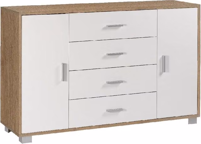 Credenza madia mobile con 2 ante e 4 cassetti 136x41x86H cm in kit di montaggio colore Noce Stelvio e Bianco fiammato