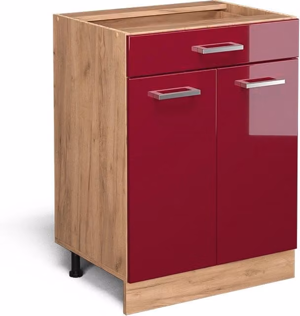 Mobiletto base per cucina Vicco R-Line Rosso lucido e Rovere dorato con cassetto, senza piano di lavoro, L: 60 cm – 1