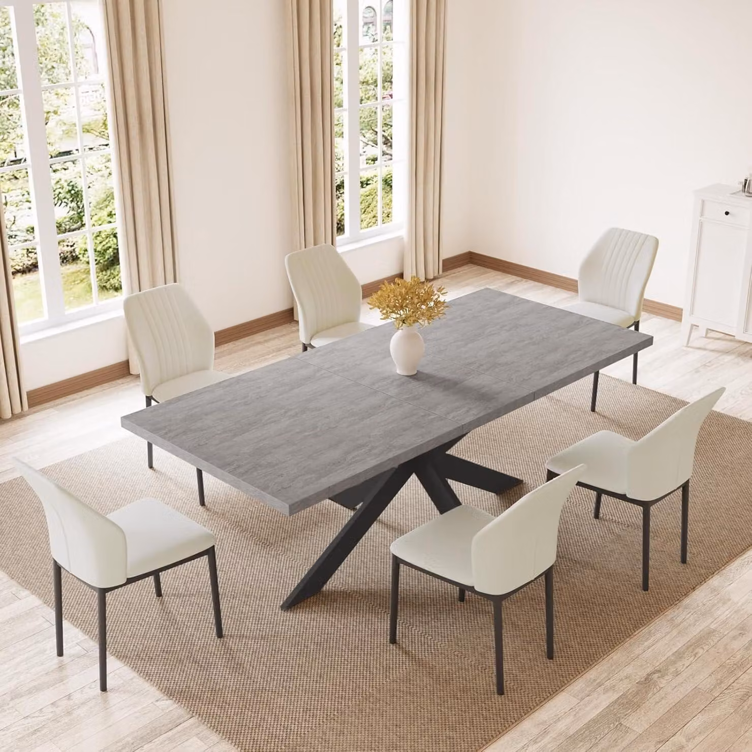 Tavolo allungabile con 6 sedie, colore grigio/bianco, materiale MDF, dimensioni 170x85x76 cm