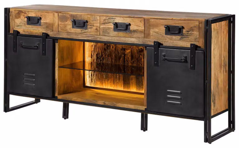 MASSIVMOEBEL24 | Credenza in legno di Mango / Legno riciclato 195x45x90 Laccato naturale / ferro grigio BLACKBURN LUX #409