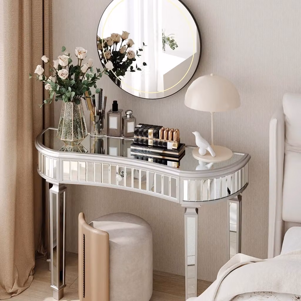 Tavolo Consolle Mezzaluna REDOM Grigio Argento in MDF e Vetro con Cassetto L: 120 cm – 2