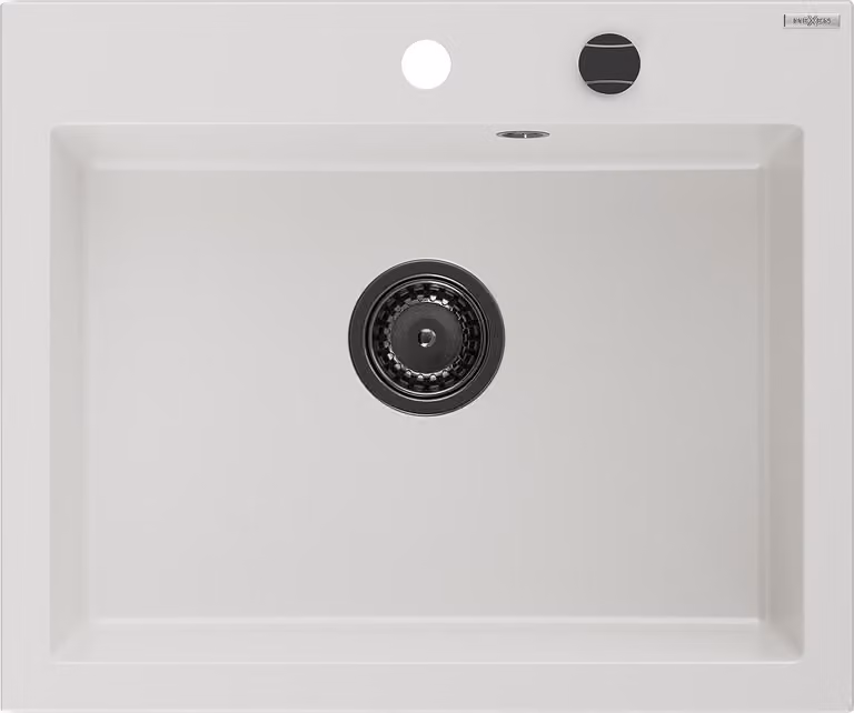 Mexen Elix lavello da cucina in granito a 1 vasca 600 x 500 mm, bianco, sifone nero - 6525601005-20-B