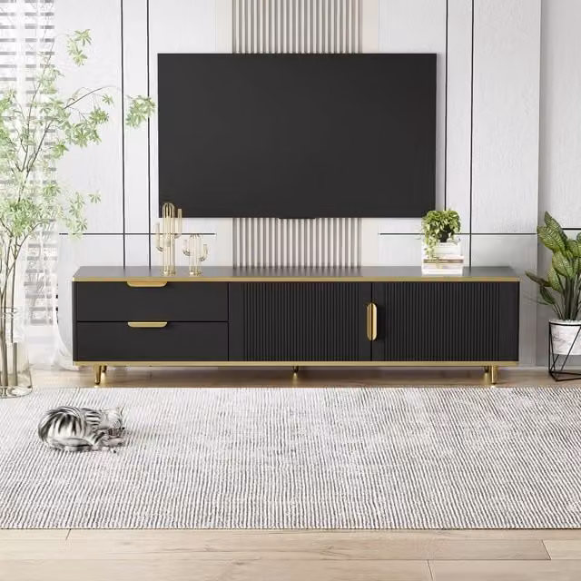 Mobile Porta TV Moderno GL Store con Effetto Marmo e Dettagli Dorati, Nero, L 175 cm x P 40 cm x H 45 cm – 1