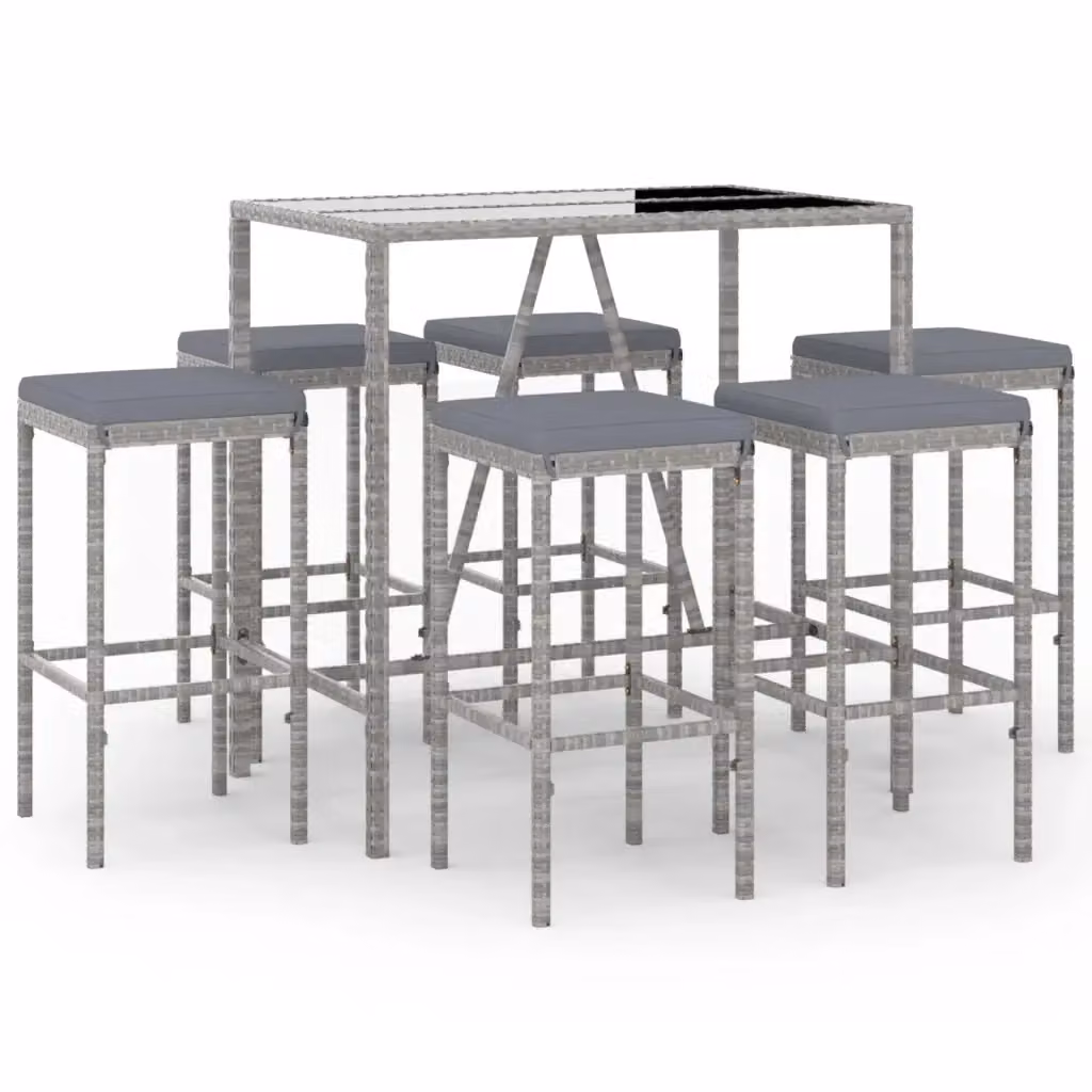 Set Bar da Giardino vidaXL in Polyrattan Grigio e Nero con 7 Pezzi e Cuscini – 2