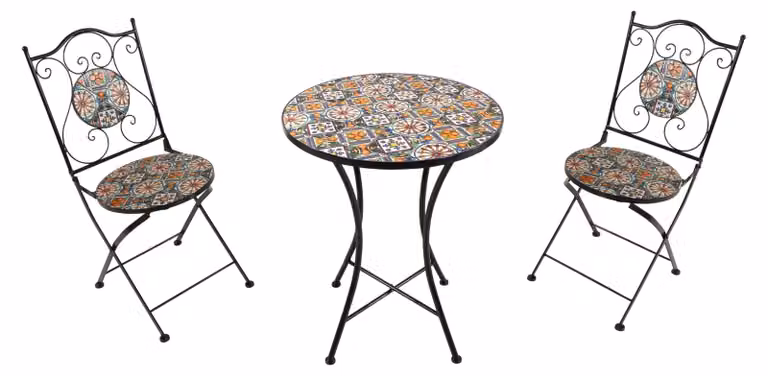 Set da bistrot composto da un tavolo e due sedie, realizzato in metallo