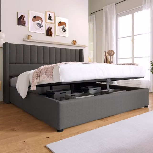 Letto contenitore imbottito in lino grigio 140×200 cm, con sollevamento idraulico, copricapo trapuntato a righe e rete a doghe