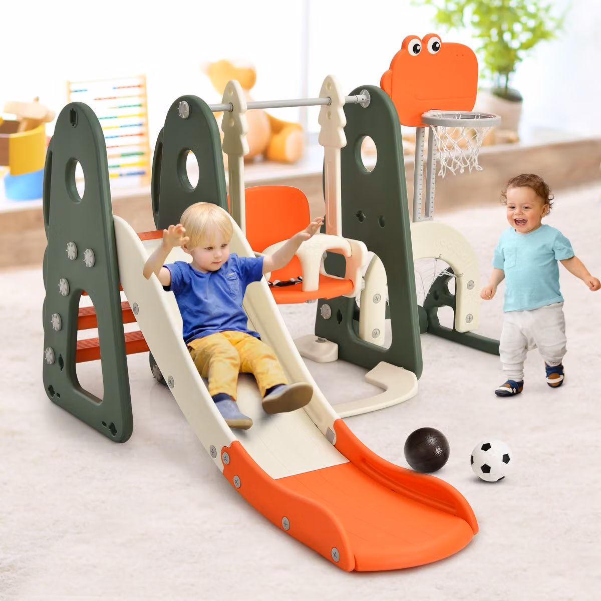 Costway Set 6 in 1 Parco Giochi per Bambini con Altalena, Scivolo, Canestro da Basket e Golf, Arancione, L: 182 cm, P: 172 cm, H: 120-108 cm – 3