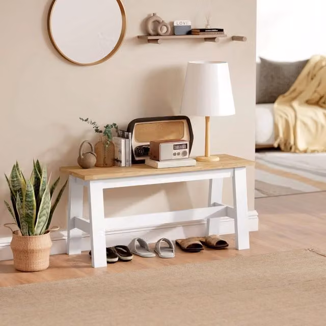 Panca da pranzo moderna WISHDOR in legno di gomma, finitura rovere e bianco, L 95 x P 30 x H 45 cm