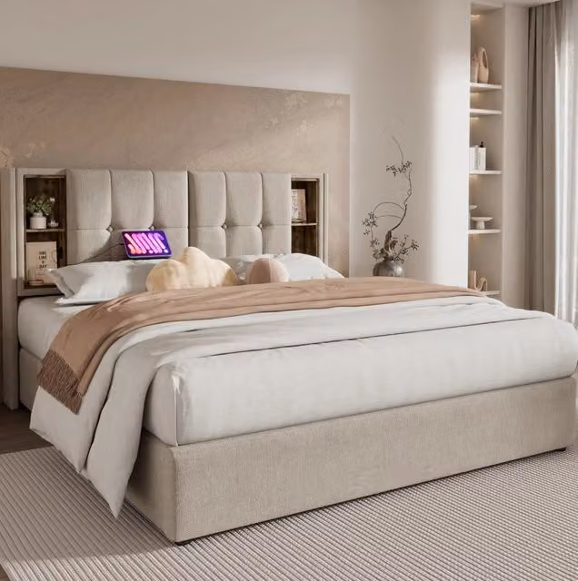 Letto imbottito 180x200 cm con contenitore; ricarica wireless; USB e Type-C; lino naturale