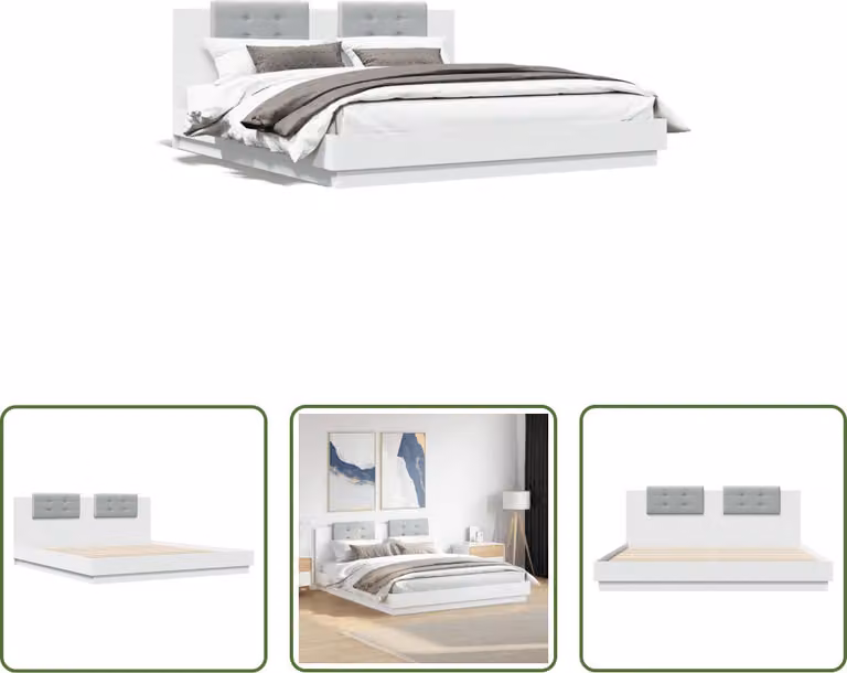The Living Store Giroletto con testiera bianco 160x200 cm in materiale ligneo