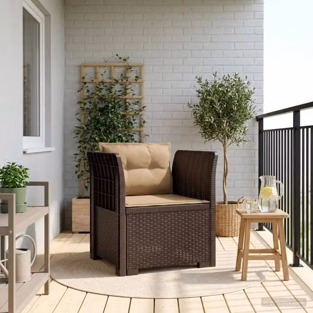 Sedia da giardino moderna a 1 posto con cuscini in effetto rattan marrone e beige per balcone e terrazzo – 1