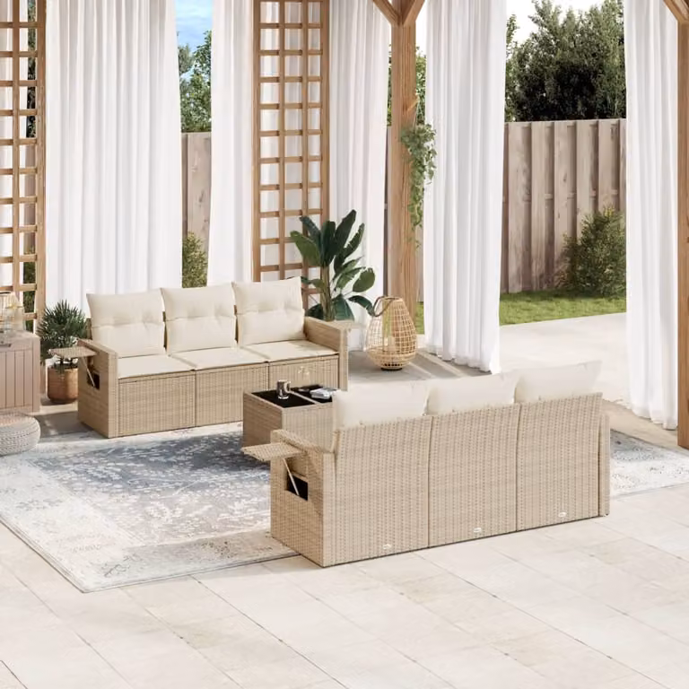 vidaXL Set Divani da Giardino 7 pz a Forma a L con Cuscini Beige e Tavolino in Polyrattan e Acciaio