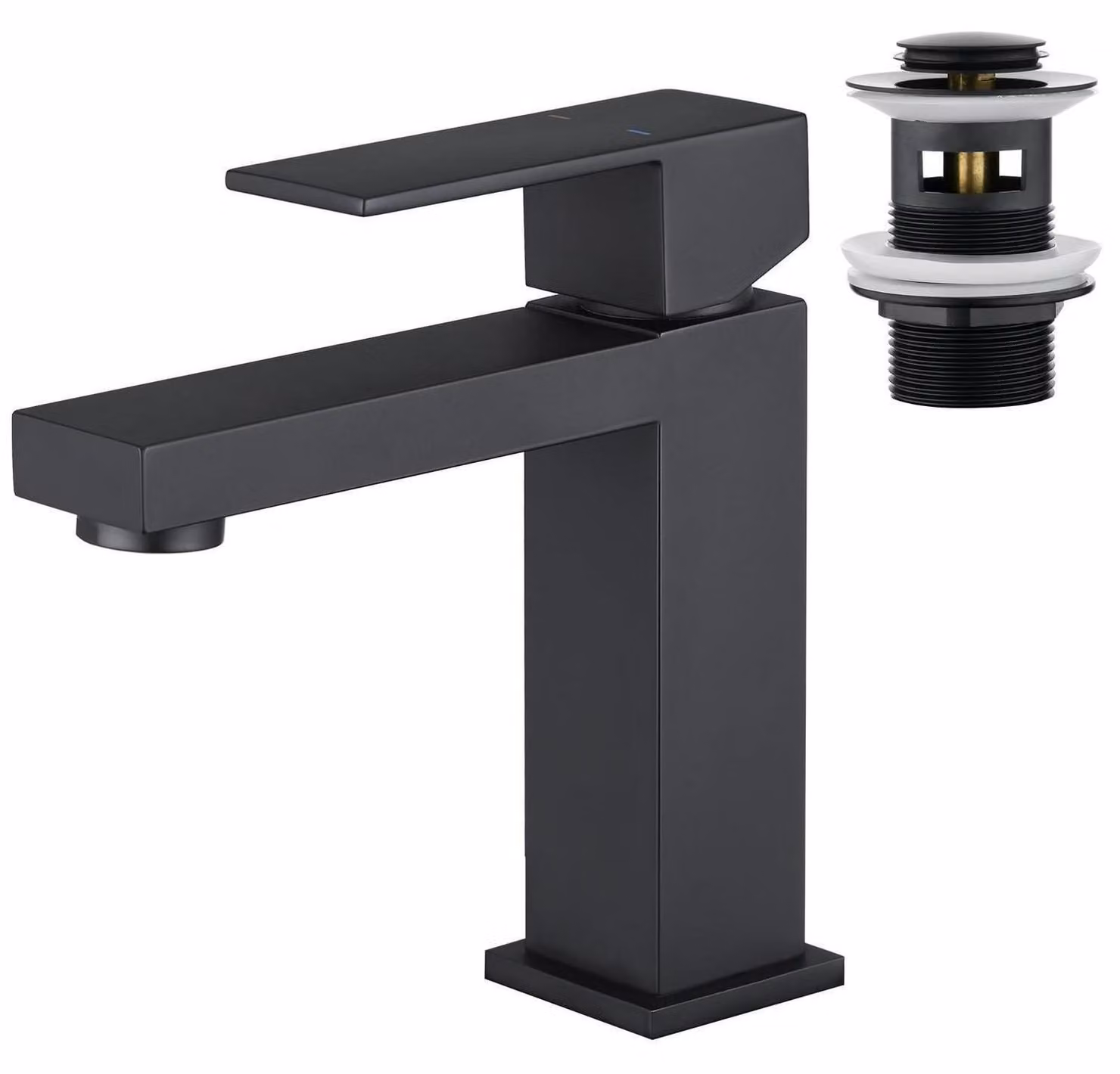 Miscelatore monocomando per lavabo da bagno, design squadrato, con sistema di scarico a tappo a scomparsa, finitura nera opaca