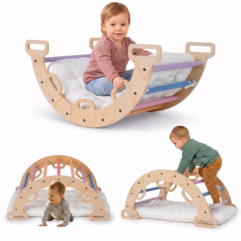 COSTWAY - Struttura a forma di arco in legno con cuscini, altalena-arrampicata Montessori, triangolo per arrampicata, altalena ad arco, arcobaleno, struttura per arrampicata da interno per bambini dai 3 anni in su, 81 x 48,5 x 38,5 cm