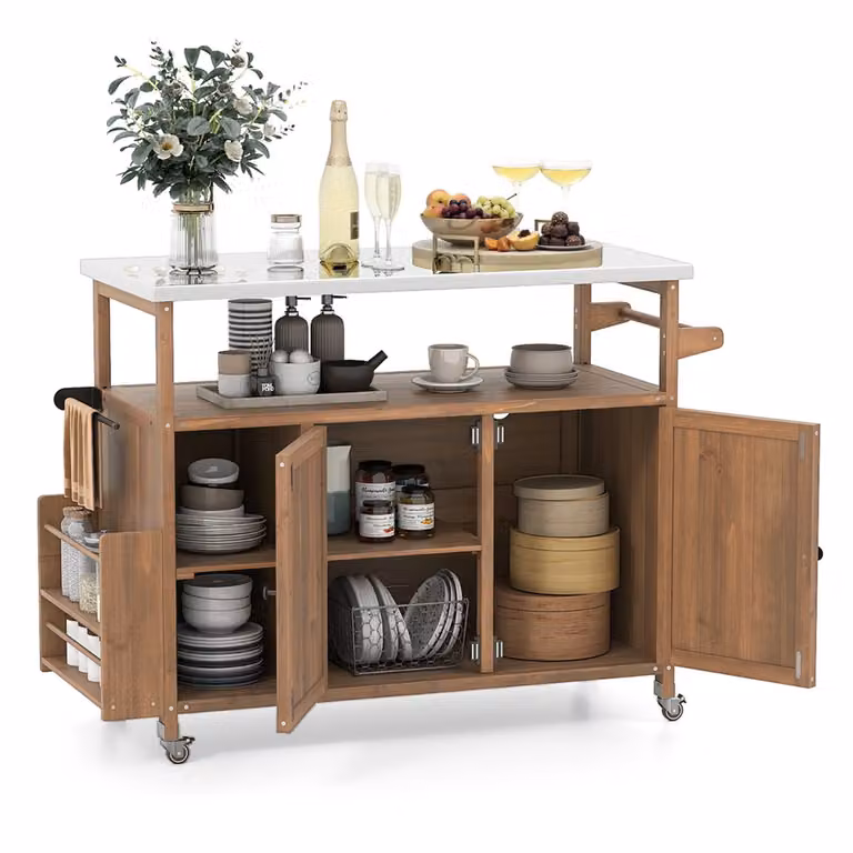 Costway Carrello barbecue esterno con piano in acciaio inox isola cucina in legno di abete con ruote, Carrello ripiano aperto e scomparti