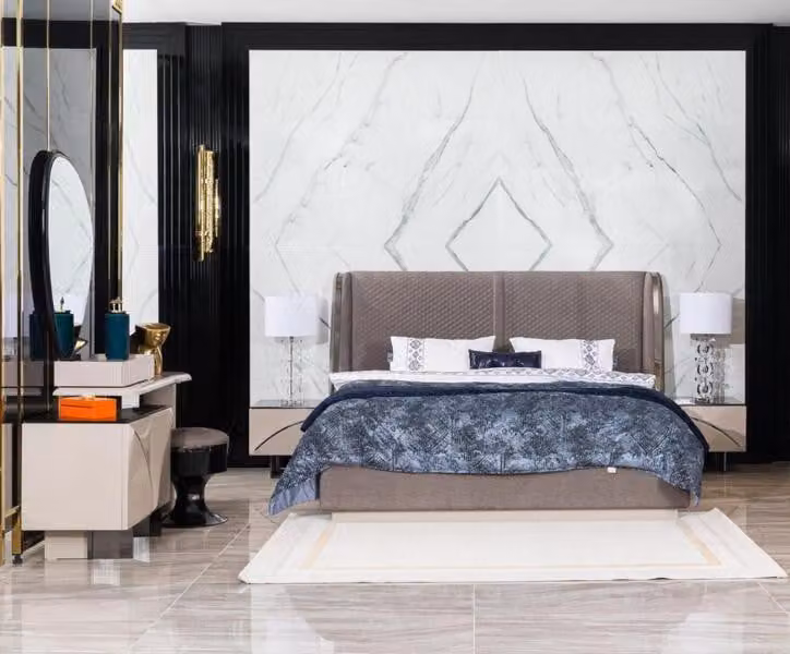 Designer Schlafzimmer Set Bett 2x Nachttische Hochwertig Modern Schminktisch