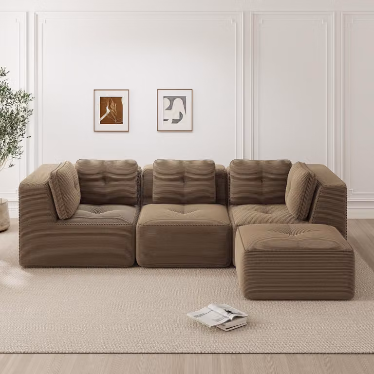 Divano angolare a forma di L, senza cornice, rivestito in tessuto Cord, con poggiapiedi, 3 posti, seduta profonda, non richiede montaggio (marrone)