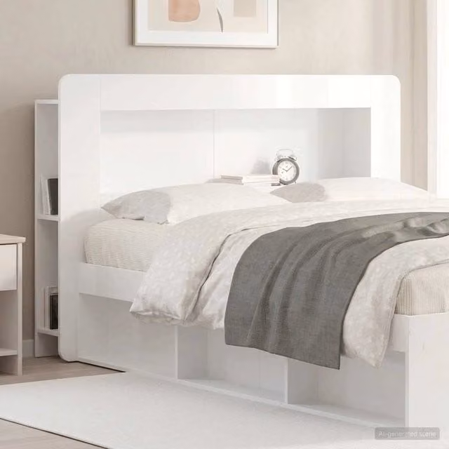 Testata del letto moderna vidaXL in legno ingegnerizzato bianco lucido con ripiani integrati L: 182,0 cm, H: 100,0 cm, P: 24,8 cm – 1