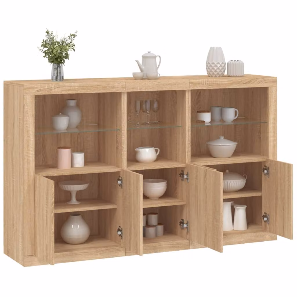 Credenza moderna vidaXL con luci LED in rovere sonoma, colore marrone, L: 162 cm, P: 37 cm, H: 100 cm