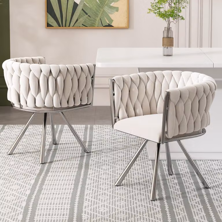 Sedia da pranzo in velluto Sweiko, set di 2, sedia girevole singola per soggiorno/camera da letto, sedia girevole per il tempo libero con quattro gambe di supporto in metallo, beige+argento