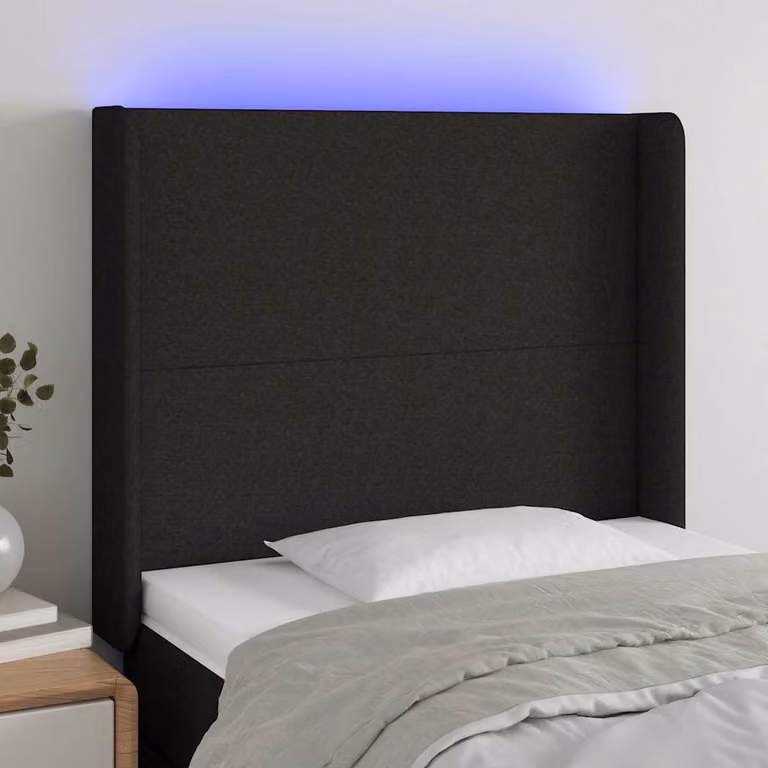 Testiera per letto vidaXL in tessuto nero con illuminazione LED integrata e porte di ricarica USB, L 93 cm, P 16 cm, H 118/128 cm