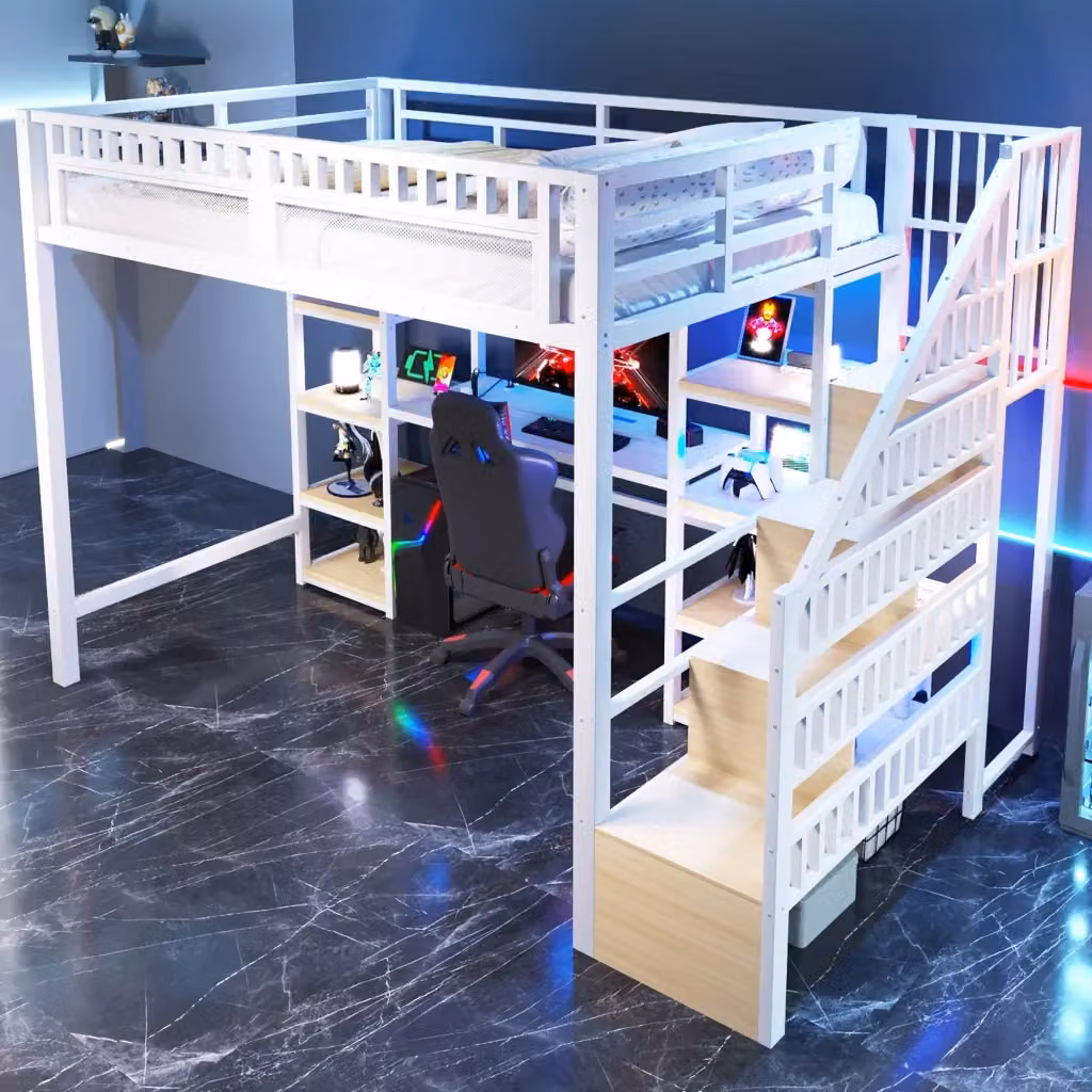 Letto a castello REDOM per bambini in metallo e MDF bianco con scala, scomparti laterali e porta di ricarica USB, L/P/H: 200 x 140 x 174 cm – 2