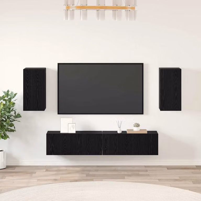 Set mobile TV moderno vidaXL in 4 pezzi, colore nero e rovere, in legno MDF e multistrato per soggiorno