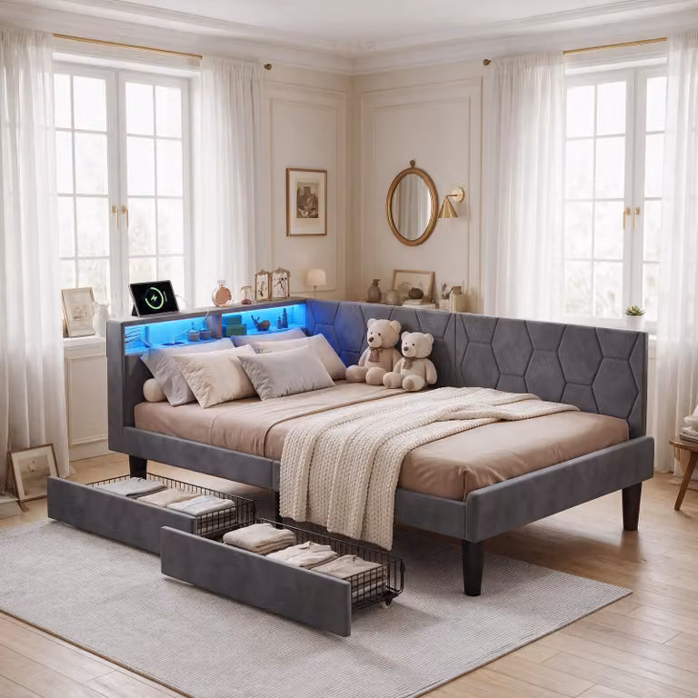 Letto imbottito INONEFT, divano letto 90x200 cm con LED e USB, letti singoli con testiera, spazio contenitivo e 2 cassetti, letto per ragazzi con rete a doghe, tessuto velluto grigio
