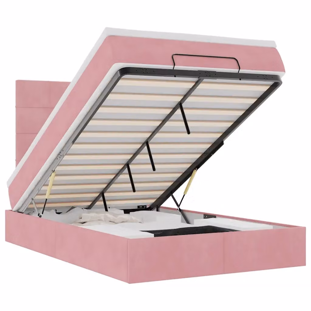 Letto con contenitore a sollevamento vidaXL in velluto rosa e bianco L/P/H: 200 x 120 x 128 cm con materasso incluso – 2